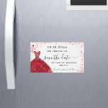 Sweet 16 red white dress save the date magnet<br><div class="desc">A girly and trendy Save the Date magnet for a Sweet 16,  16th birthday party. A white background decorated red roses,  faux glitter sparkles and a red dress. Personalize and add a date and name/age. The text: Save the Date is written with a large trendy hand lettered style script.</div>