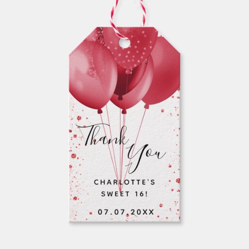 Sweet 16 red white glitter balloons thank you gift tags