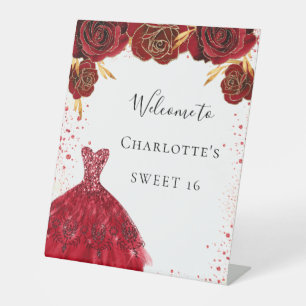 Sweet 16 red white glitter dress floral welcome pedestal sign