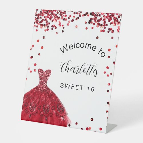 Sweet 16 red white glitter dress welcome pedestal sign