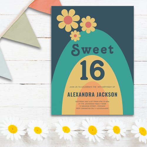 Sweet 16 Retro Daisy Arch Birthday Party Invitation Postcard