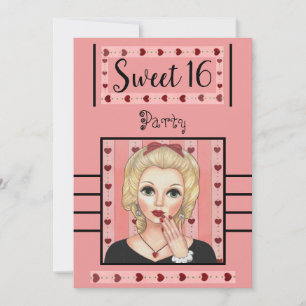Sweet 16 Retro Vintage Party Heart Pink Girly Girl Invitation