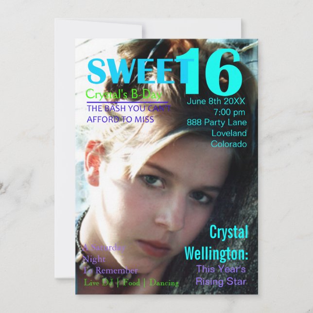 Sweet 16 Rising Star Teal Magazine Cover Invite (Front)