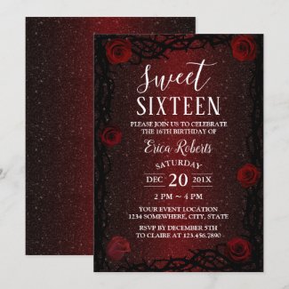 Sweet 16 Rose Flower & Thorn Burgundy Red Glitter Invitation