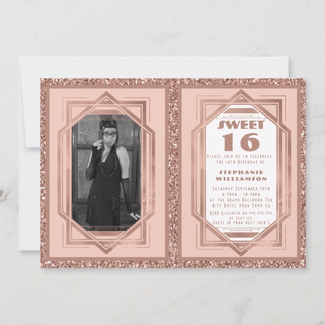 Sweet 16 Rose Gold and Glitter Gatsby Art Deco Invitation (Front)