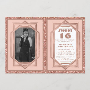 Sweet 16 Rose Gold and Glitter Gatsby Art Deco Invitation