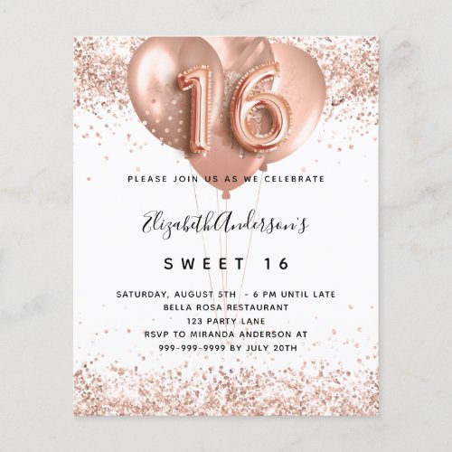 Sweet 16 rose gold balloons budget invitation flye flyer