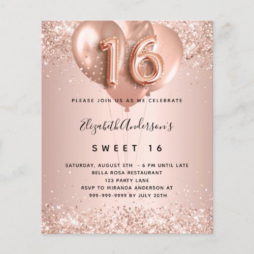 Sweet 16 rose gold balloons budget invitation flyer