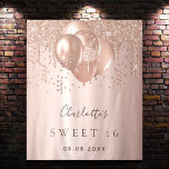Sweet 16 rose gold balloons name tapestry<br><div class="desc">For an elegant Sweet 16,  16th birthday party.  A rose gold gradient background. Decorated with rose gold,  pink drips,  paint dripping look,  and balloons.  Personalize and add a name,  text/age and a date. Can be used as a welcome banner,  wall decor for the party or as a photo backdrop.</div>