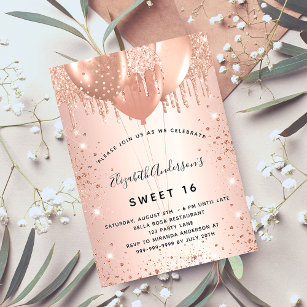 Sweet 16 rose gold blush balloons invitation