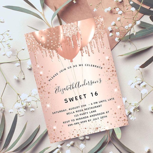 Sweet 16 rose gold blush balloons invitation (Creator Uploaded)
