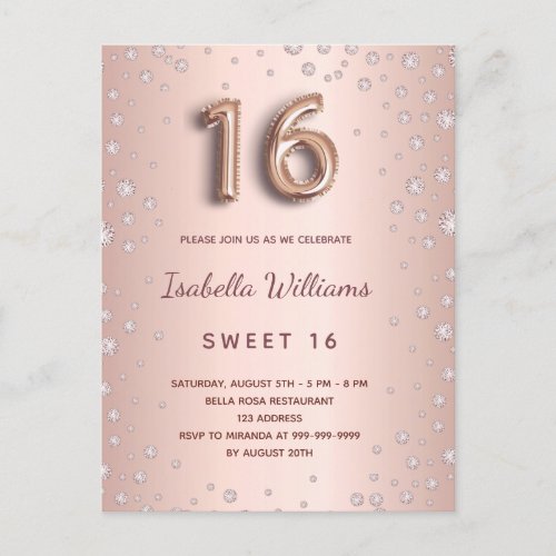 Sweet 16 rose gold blush diamonds glam postcard