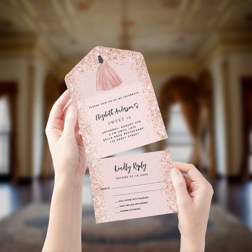 Sweet 16 rose gold blush dress party RSVP All In One Invitation