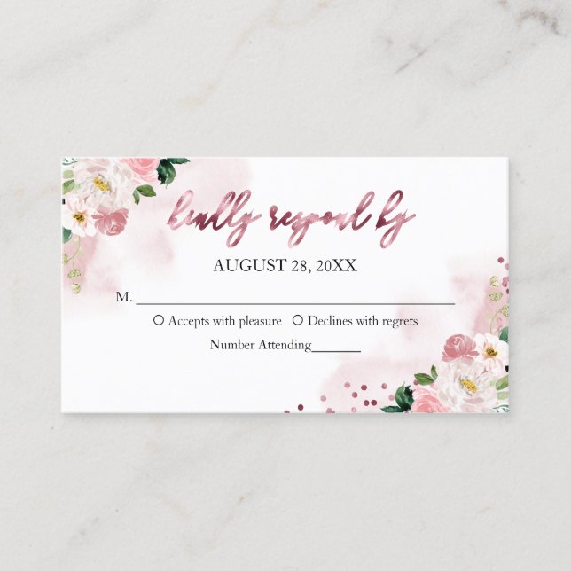 Sweet 16 Rose Gold Blush Floral RSVP Enclosure Business Card (Front)