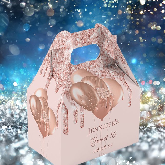 Sweet 16 rose gold blush glitter balloons favor boxes (Creator Uploaded)