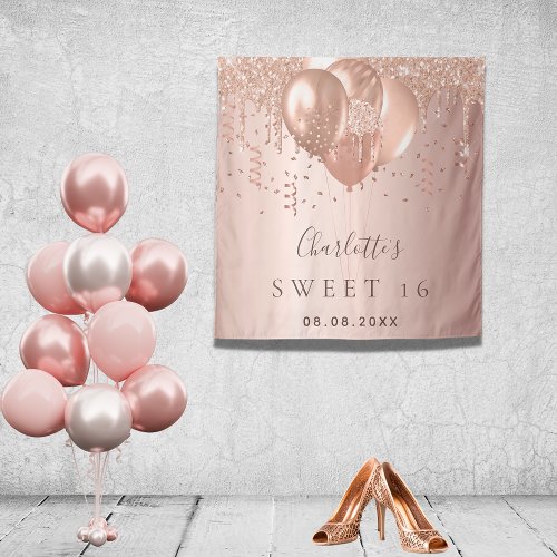 Sweet 16 rose gold blush glitter balloons name tapestry