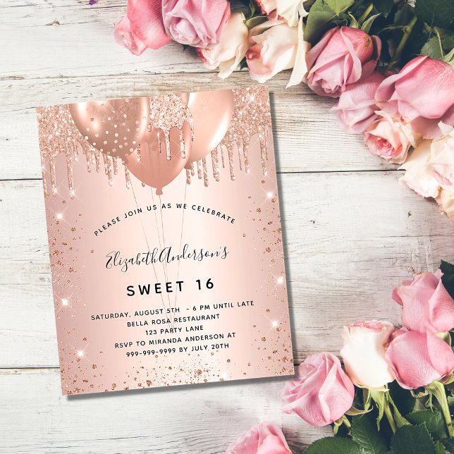 Sweet 16 rose gold blush glitter budget invitation flyer