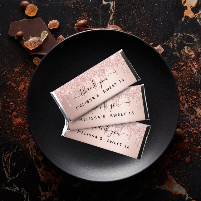 Sweet 16 rose gold blush glitter drips name hershey bar favors (Creator Uploaded)