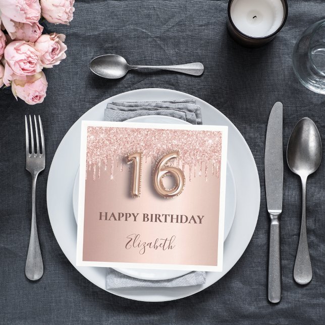 Sweet 16 rose gold blush glitter drips name napkins (Creator Uploaded)