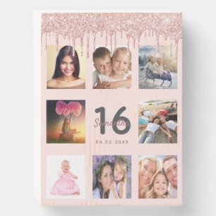 Sweet 16 rose gold blush glitter drips photo wooden box sign
