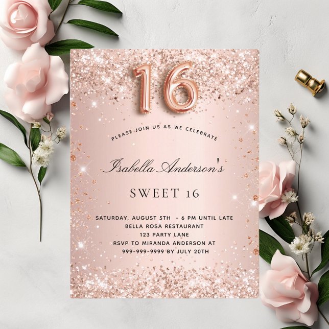 Sweet 16 rose gold blush glitter dust glam invitation postcard (Creator Uploaded)