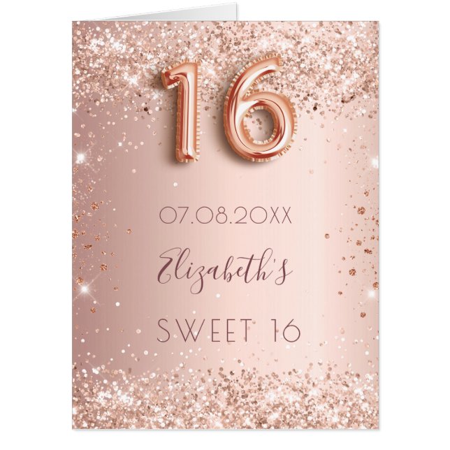 Sweet 16 rose gold blush glitter dust photo card (Front)