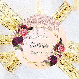 Sweet 16 rose gold blush glitter floral geometric classic round sticker