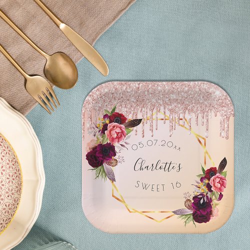 Sweet 16 rose gold blush glitter floral geometric paper plates