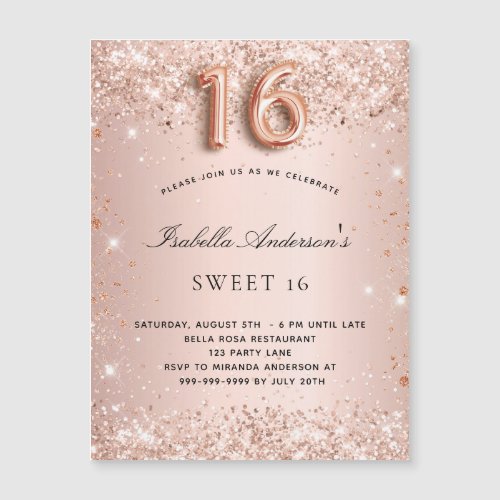 Sweet 16 rose gold blush glitter magnet invitation