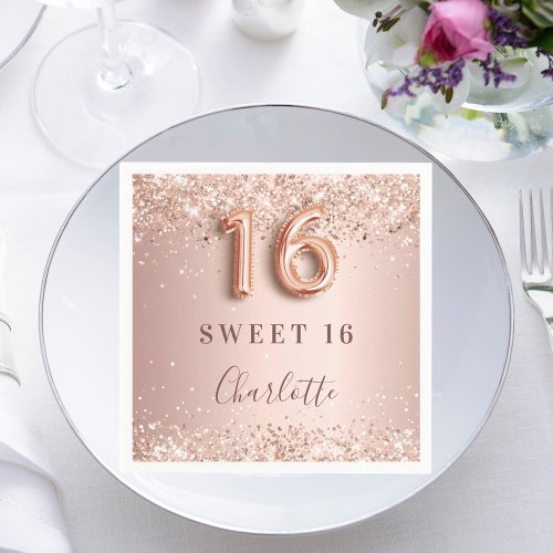 Sweet 16 rose gold blush glitter name elegant napkins