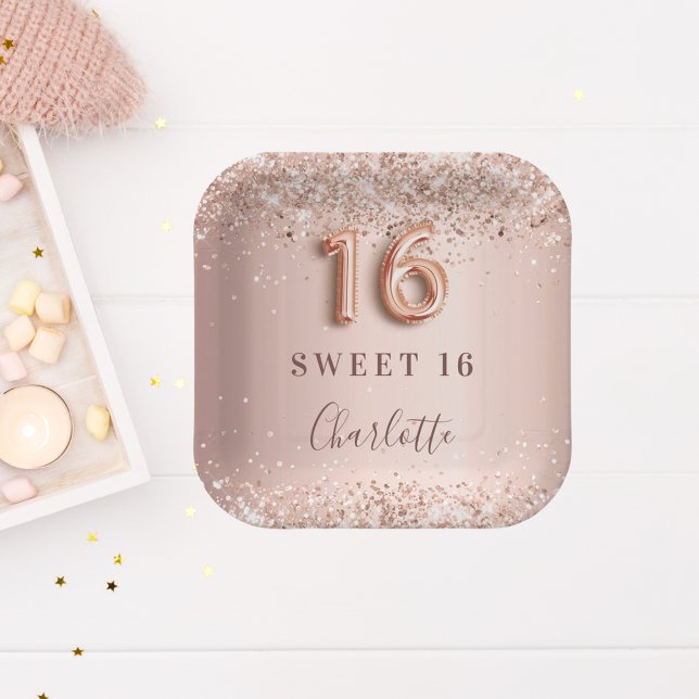 Sweet 16 rose gold blush glitter name elegant paper plates (Creator Uploaded)