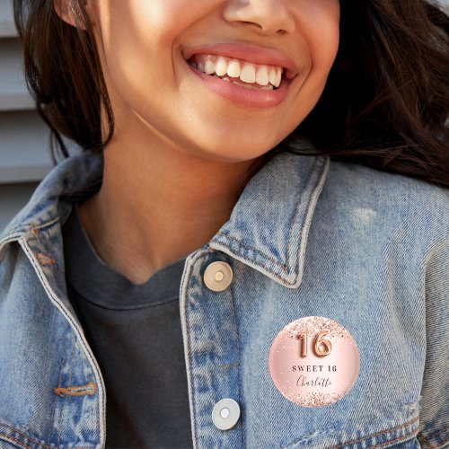 Sweet 16 rose gold blush glitter name tag button