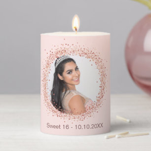 Sweet 16 rose gold blush glitter photo glamorous pillar candle