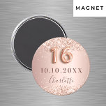Sweet 16 rose gold blush glitter save the date magnet<br><div class="desc">Elegant, classic, glamorous and girly Save the Date magnet for a Sweet 16, 16th birthday party. Rose gold and blush gradient background. Decorated with rose gold, faux glitter, sparkles. Personalize and add a name. The name is written with a modern dark rose colored hand lettered style script. Number 16 is...</div>