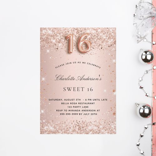 Sweet 16 rose gold blush glitter sparkles luxury invitation