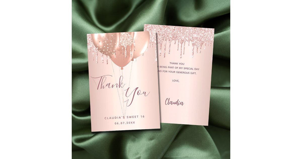 Sweet 16 rose gold blush glitter thank you card | Zazzle