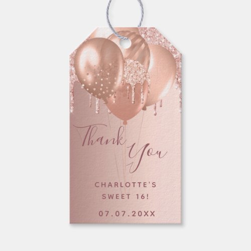 Sweet 16 rose gold blush glitter thank you gift tags