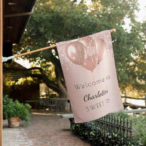 Sweet 16 rose gold blush glitter welcome house flag