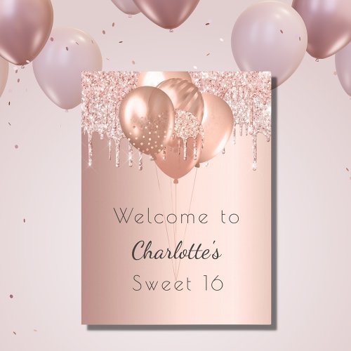 Sweet 16 rose gold blush glitter welcome party poster