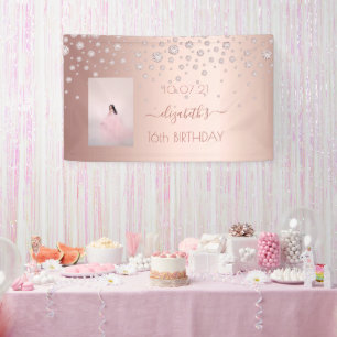 Sweet 16 rose gold blush photo diamonds banner