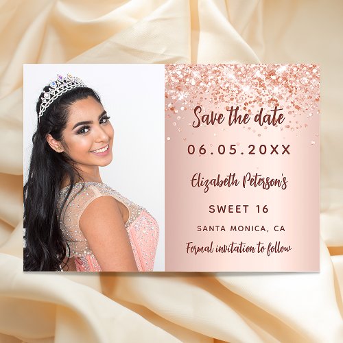 Sweet 16 rose gold blush photo save the date card