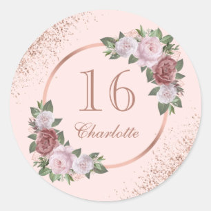 Sweet 16 Rose Gold Blush Pink Floral Birthday Classic Round Sticker