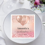 Sweet 16 rose gold blush pink glitter name napkins<br><div class="desc">A stylish rose gold and blush pink background with faux glitter drips and balloons. Personalize and add a name and age. The age/event is written with a hand lettereds tyle script with swashes. To keep the swashes only delete the sample text, leave the spaces or emoji's in front and after...</div>