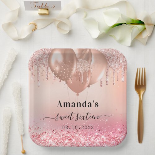 Sweet 16 rose gold blush pink glitter name paper plates