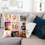 Sweet 16 rose gold blush pink photo collage  throw pillow<br><div class="desc">A unique gift for a girl's Sweet 16, 16th birthday, celebrating her life with a collage of 8 of your own photos, pictures. Personalize and add her name and a date. A chic rose gold, blush pink background. The name is written with a modern hand lettered style script, number 16...</div>