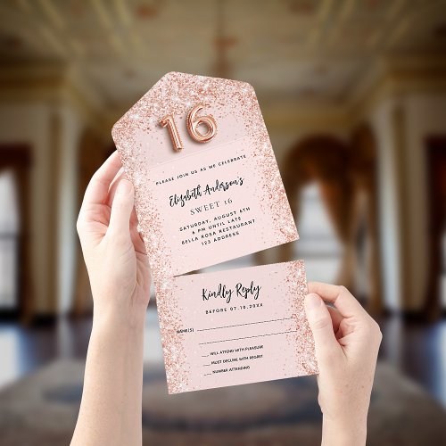 Sweet 16 rose gold blush sparkle party RSVP All In One Invitation