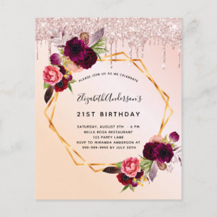 Sweet 16 rose gold Burgundy florals invitation Flyer