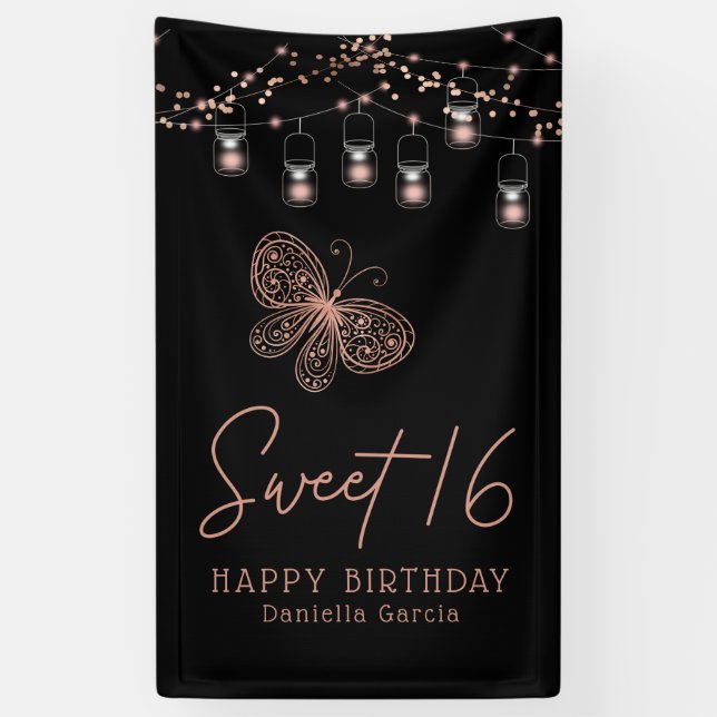 Sweet 16 Rose Gold Butterfly Chic Modern Birthday Banner (Vertical)