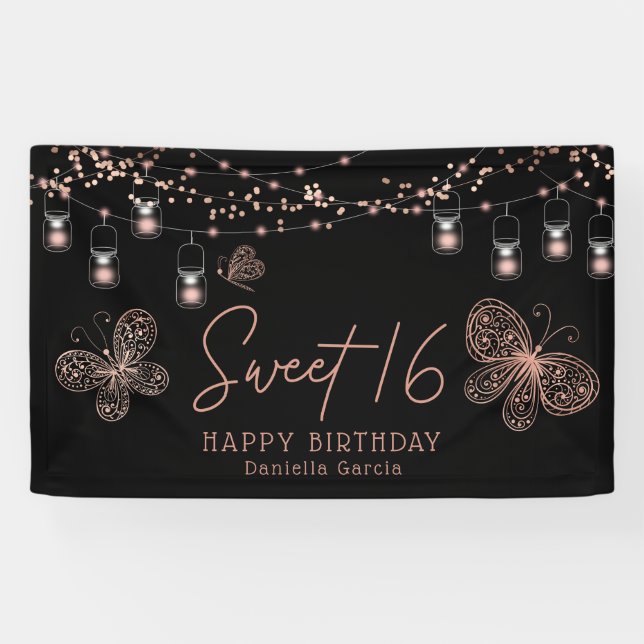 Sweet 16 Rose Gold Butterfly Chic Modern Birthday Banner (Horizontal)