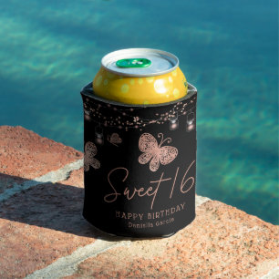 Sweet 16 Rose Gold Butterfly Chic Modern Birthday Can Cooler